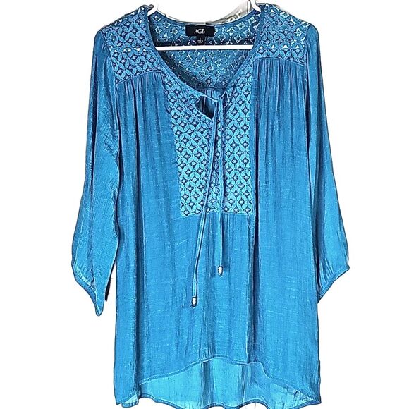 Blouse Flowey Lace Front Inset Back Tie Teal Size L - Picture 1 of 7